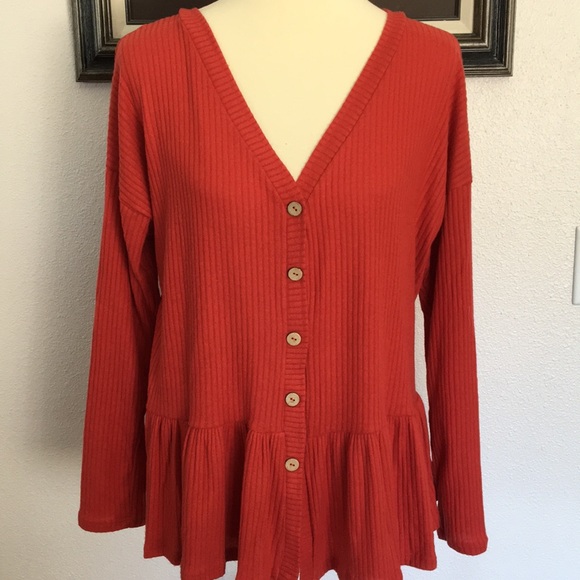 Ribbed Long Sleeve Button Front Sweater - Picture 2 of 6